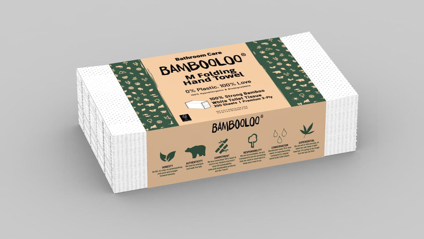 BAMBOOLOO 100% 2 PLY BAMBOO N FOLDING HAND TOWELS, 200 TOWELS per wrap, 20 WRAPS PER CARTON Paper Towels Bambooloo