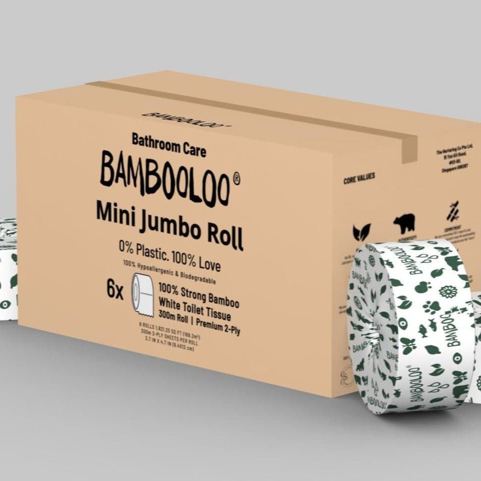 BAMBOOLOO 100% BAMBOO 2 Ply MINI JUMBO ROLLS 300M PER ROLL, 6 ROLLS per CARTON Sustainable earth friendly Bambooloo