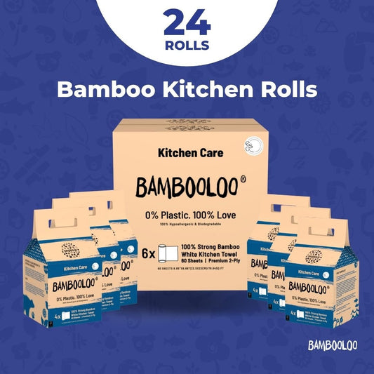 Bambooloo 100% bamboo kitchen rolls. 6 x 60 sheet, 2 ply, 4 rolls per GrabBag. 24 rolls per carton. (PRE-ORDER) Kitchen Rolls Bambooloo