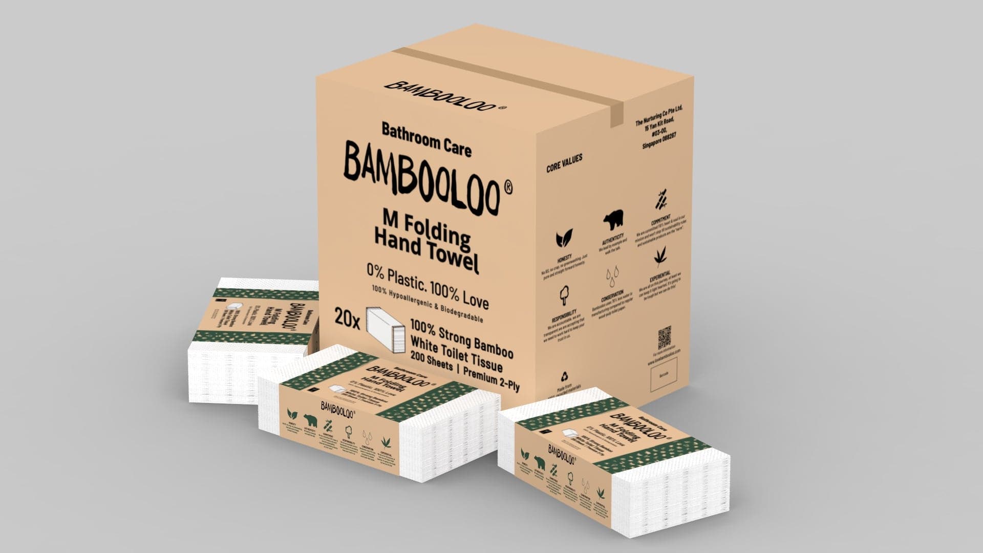 BAMBOOLOO 100% 2 PLY BAMBOO N FOLDING HAND TOWELS, 200 TOWELS per wrap, 20 WRAPS PER CARTON Paper Towels Bambooloo 