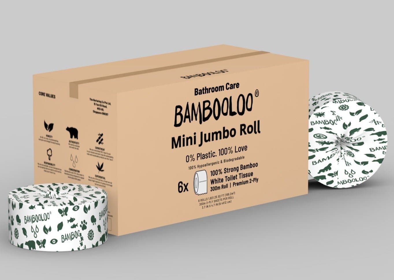 BAMBOOLOO 100% BAMBOO 2 Ply MINI JUMBO ROLLS 300M PER ROLL, 6 ROLLS per CARTON Sustainable earth friendly Bambooloo 