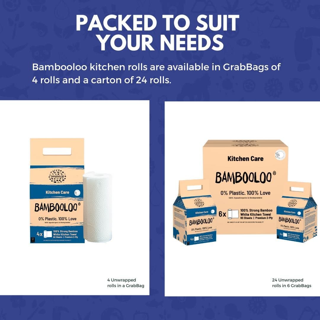 Bambooloo 100% bamboo kitchen rolls. 6 x 60 sheet, 2 ply, 4 rolls per GrabBag. 24 rolls per carton. (PRE-ORDER) Kitchen Rolls Bambooloo 