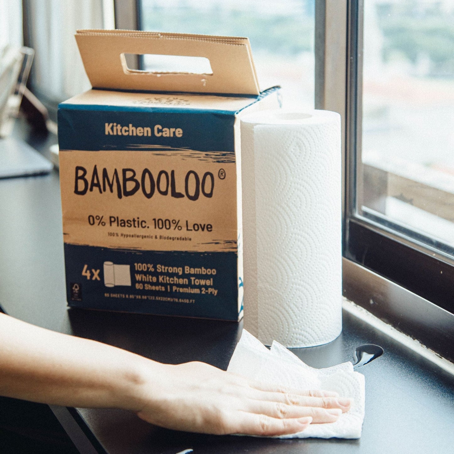 Bambooloo® 100% bamboo kitchen rolls. 60 sheet, 2 ply, 4 rolls per GrabBag. Kitchen Rolls Bambooloo 